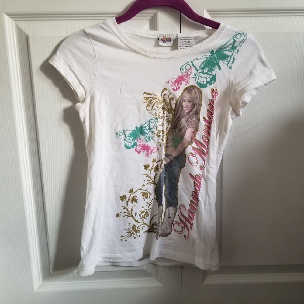 Hannah Montana Girl's T-Shirt Large 10-12 White Blue Gold Glitter Vintage Y2K